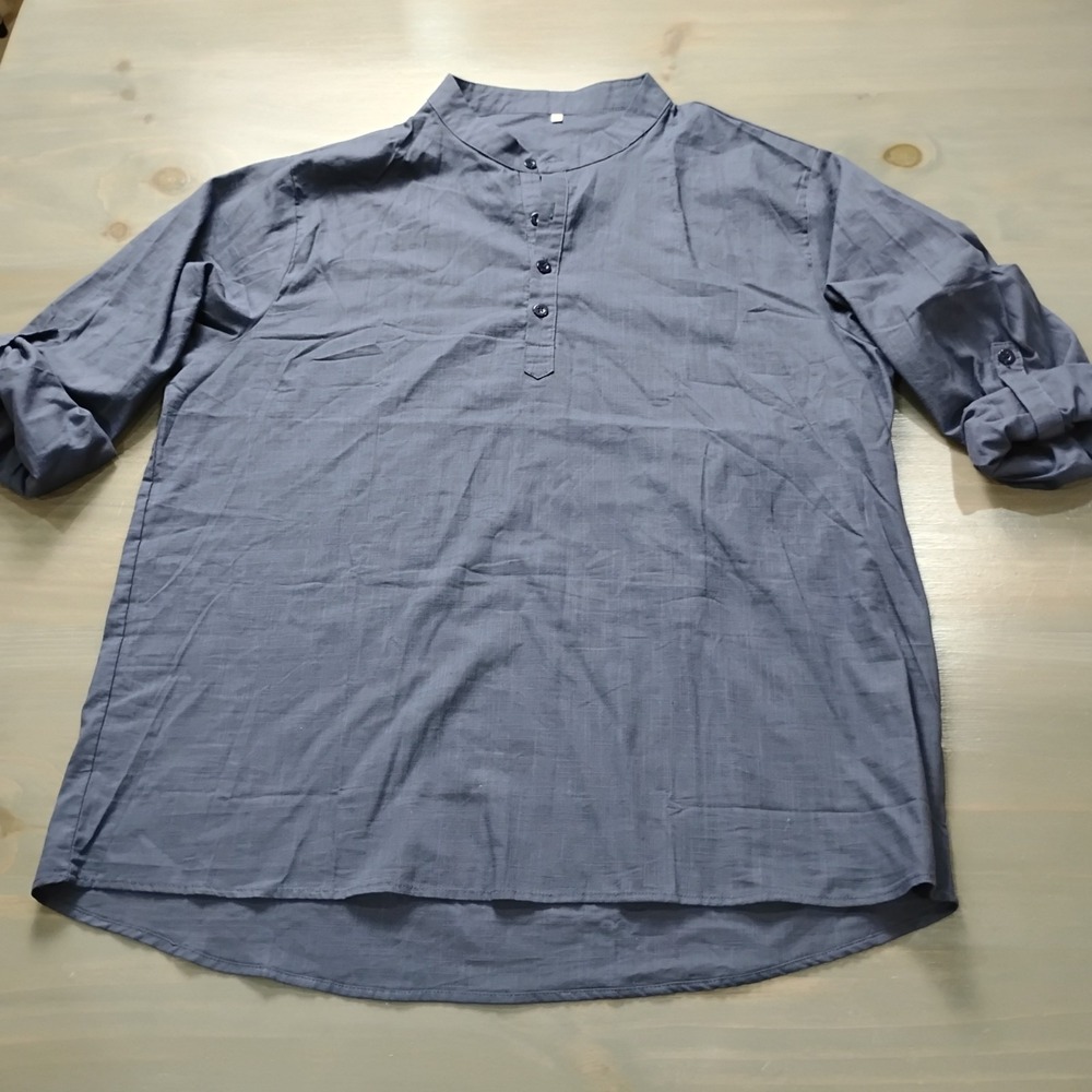 Men's Casual Shirt Size XL Navy Blue Cotton Linen Pullover Lightweight Long Slv